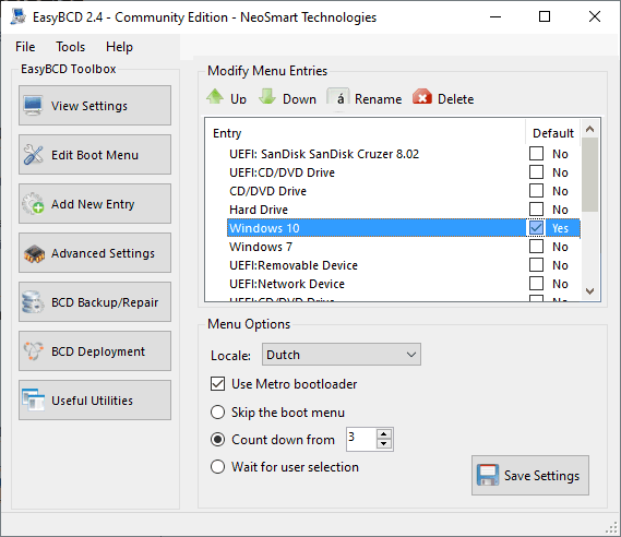 Met EasyBCD (dus zonder BCDEDIT) de BCD aanpassen.