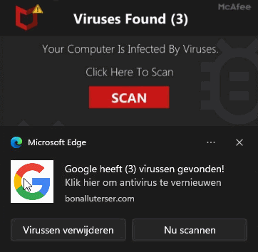 Melding McAfee: Viruses Found (3) (in de browser Microsoft Edge)