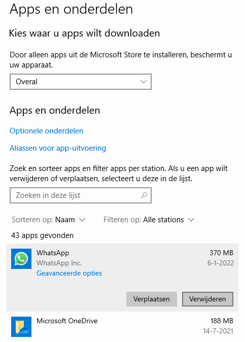 Windows 10 instellingen: onderdeel Systeem, sub Apps en onderdelen