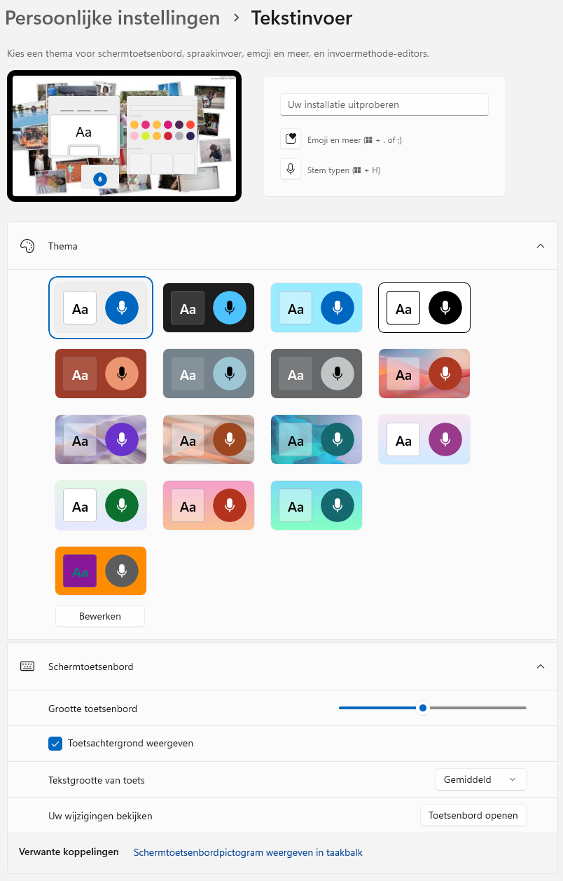 Windows 11 schermtoetsenbord (grootte en thema)