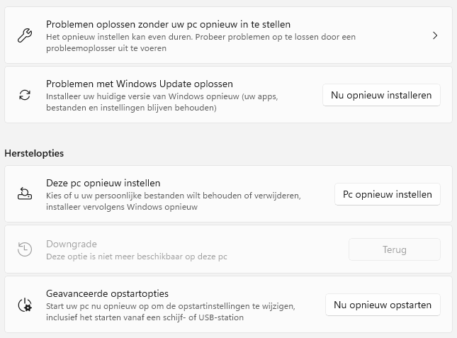 Windows 11 herstelopties: Deze pc opnieuw instellen