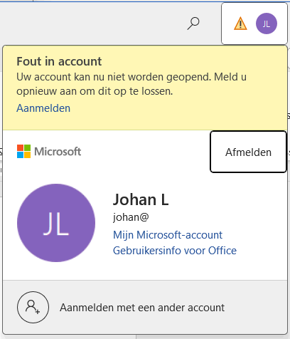 Microsoft 365-apps: Fout in account (Uw account kan nu niet worden geopend. Meld u opnieuw aan om dit op te lossen.)