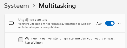 Instellingen > Systeem > Multitasking > Uitgelijnde vensters > Wanneer ik een venster uitlijn, stel me dan voor wat ik ernaast kan uitlijnen