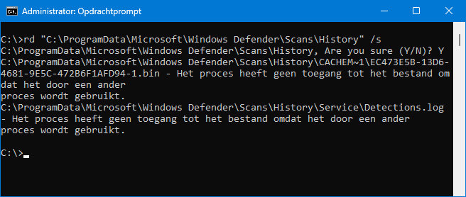 RD  'C:\ProgramData\Microsoft\Windows Defender\Scans\History'  /S