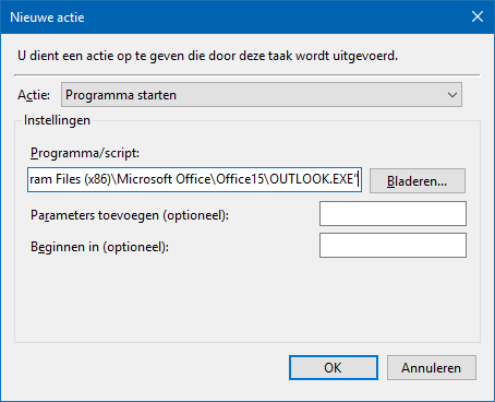 Taakplanner - Taak maken - Actie - Programma starten