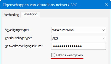 Wifi-wachtwoord achterhalen via tabbald Beveiliging, optie Tekens weergeven
